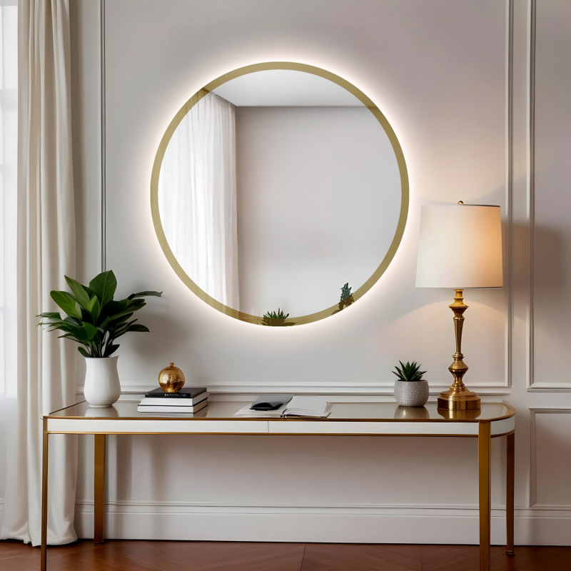 Okruglo ogledalo u zlatno-sjajnom okviru sa pozadinskim osvjetljenjem - BELLA LED