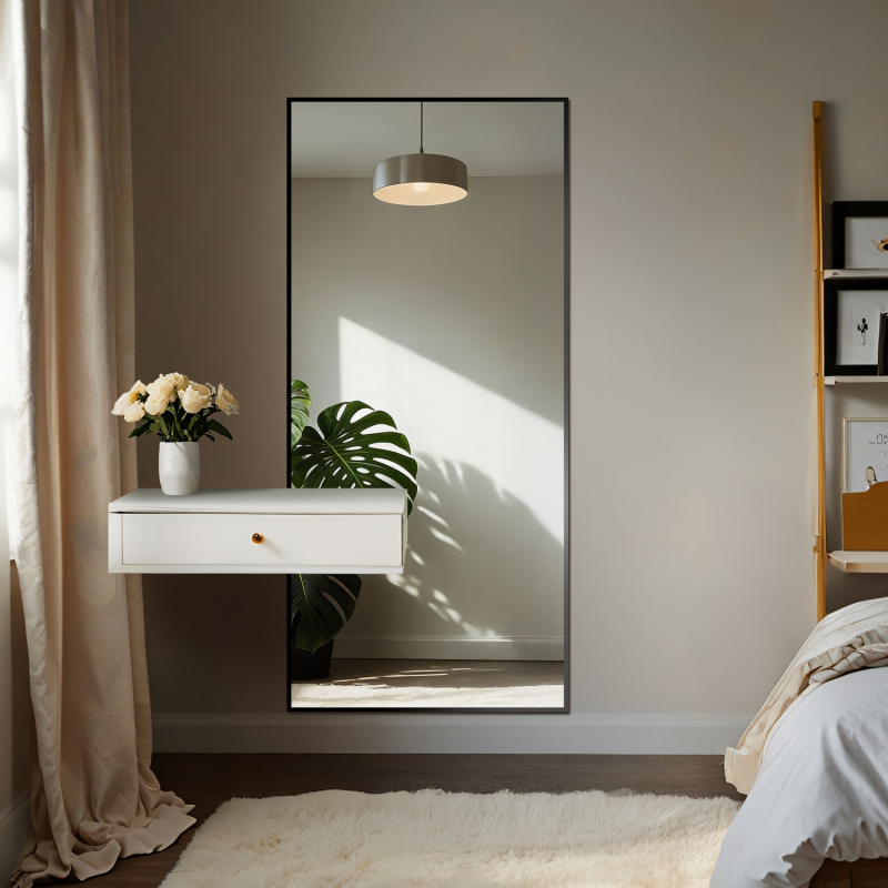 Moderno veliko ogledalo u drvenom okviru s izrezom za ormarić 1503