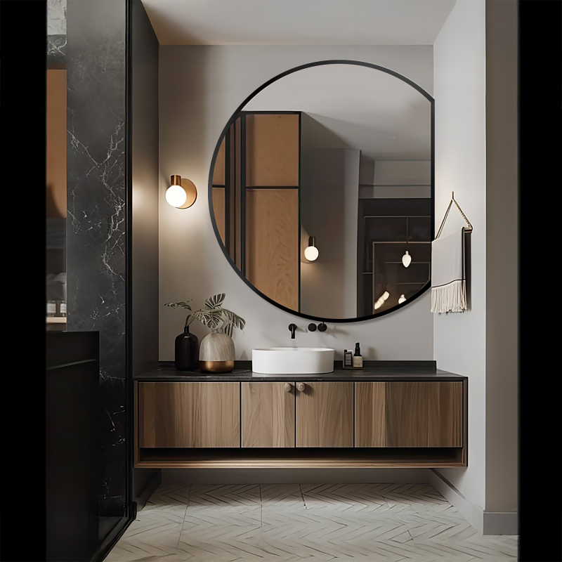 Okruglo ogledalo u mat crnom MDF okviru - OTTO KOSO ODREZANI RUB