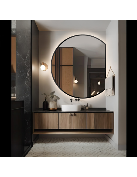 Okruglo ogledalo u mat crnom MDF okviru s pozadinskim osvjetljenjem - OTTO LED KOSO ODREZANI RUB