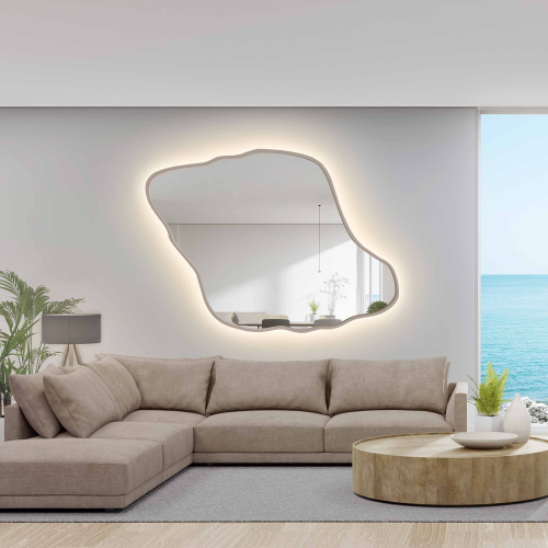 Organski oblikovano ogledalo u okviru od kašmirskog MDF-a s pozadinskim osvjetljenjem - MARIS DUNE LED U OKVIRU