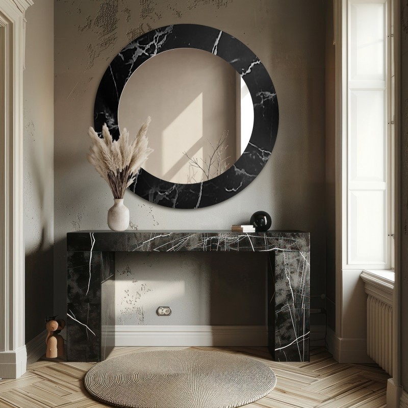 Okruglo ogledalo na crno-srebrnom mramoru – MARBLE MURASO