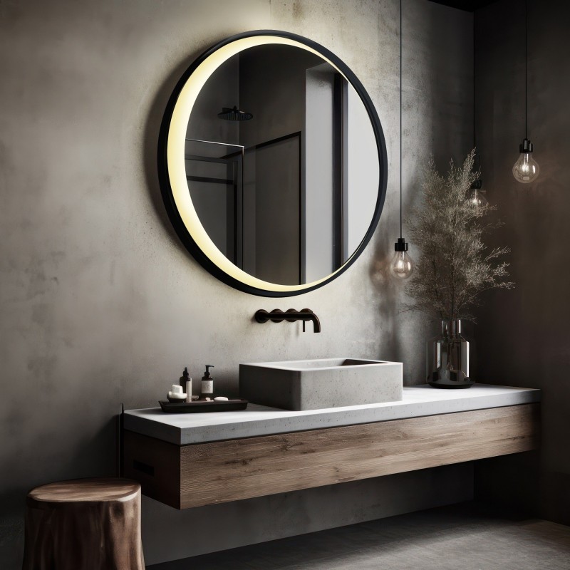 Kružna ogledala u crnom MDF okviru s pjeskarenim LED mjesecom – MIDNIGHT LED