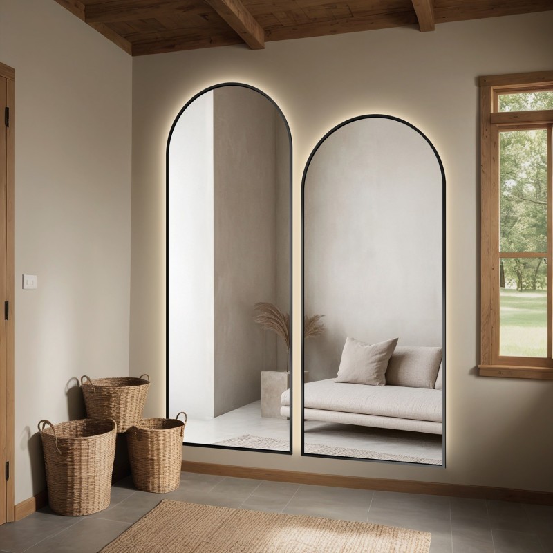 Set od dva poluovalna ogledala u crnom MDF SLIM okviru s pozadinskim osvjetljenjem - DOMI II SET S LED OKVIROM