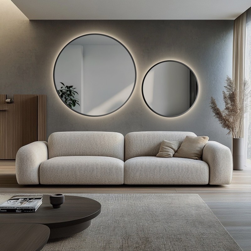 Set okruglih ogledala u crnom MDF SLIM okviru s pozadinskim osvjetljenjem - OTYLIA LED SET - boja okvira po izboru