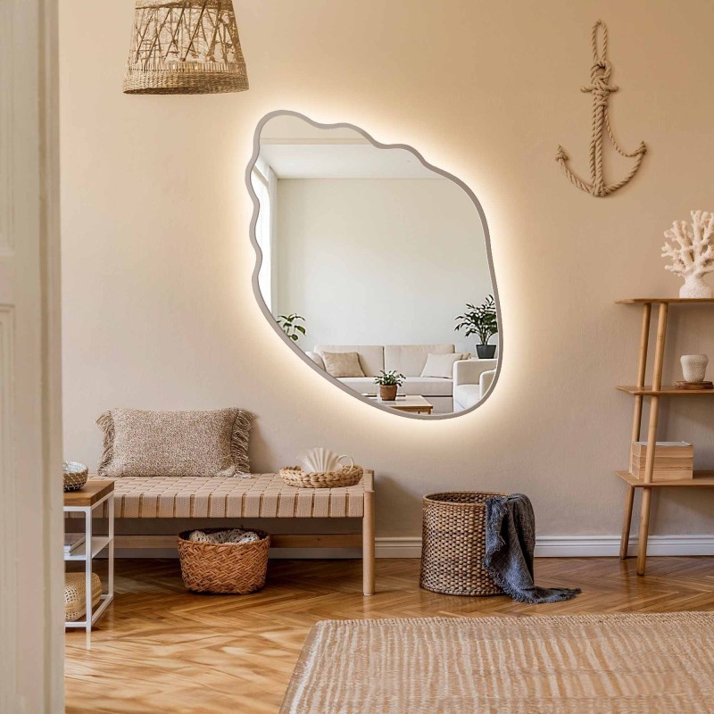 Organski oblikovano ogledalo u okviru od kašmirskog MDF-a s pozadinskim osvjetljenjem - MARIS SHELL LED U OKVIRU