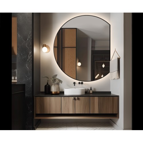 Okruglo ogledalo u mat crnom MDF okviru s pozadinskim osvjetljenjem - OTTO LED CUTTED SIDE